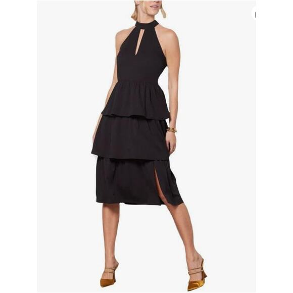 AMANDA UPRICHARD NWT Shanae Halter Neck Tiered Black Midi Dress // XL - Picture 1 of 9